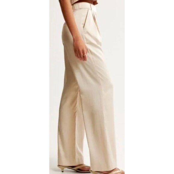Abercrombie High Waisted Champagne Satin Solane Wide Leg Trouser Pant-sz 33 - Picture 3 of 13